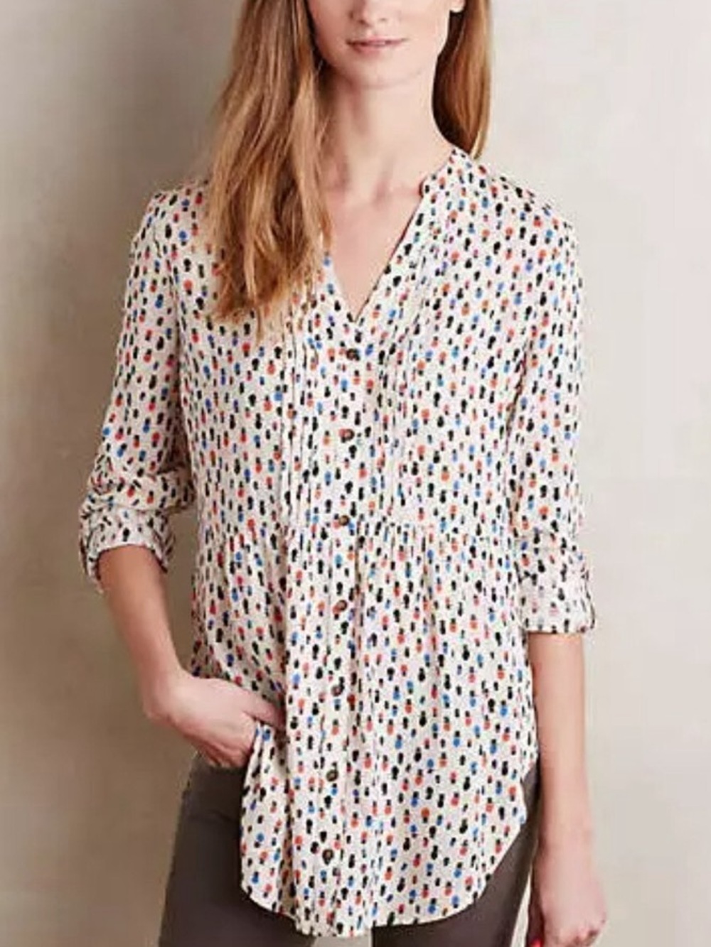 Anthropologie| Maeve| Calia Top Hat Novelty Print Ivory Button Front Tunic Sz 0